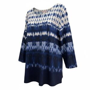 NWT Allison Daley Blue and White Stretch Knit Rhinestone Tunic Top Blouse 3X